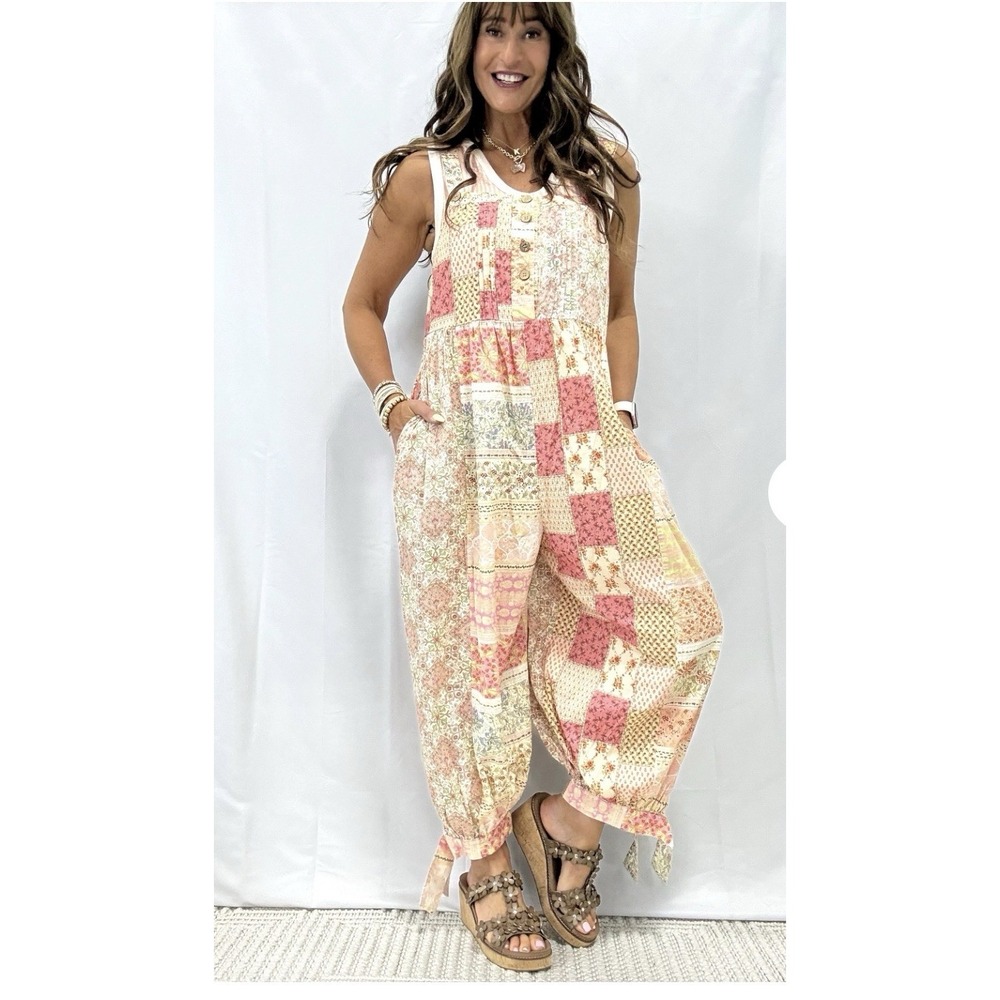 Blue Velvet Belle Rosaire Patchwork Jumpsuit Women Size XL Ballon Leg Boho Pink